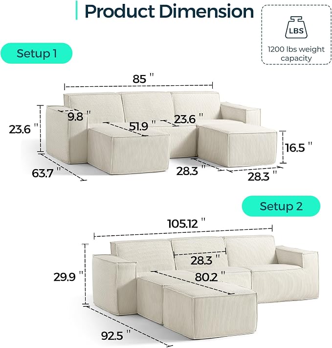 LINSY HOME Oversized Modular Sectional Sofa, Corduroy Sectional Couches - Image 2
