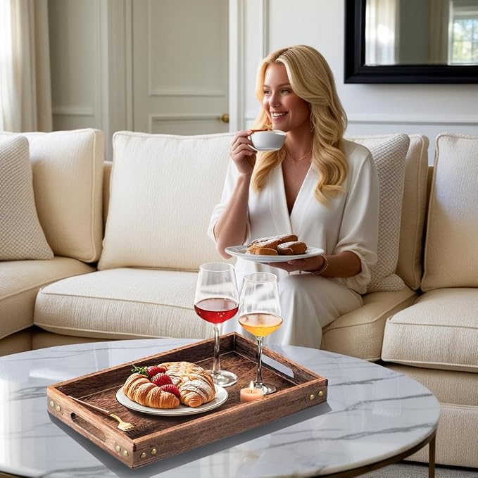 Serving Tray with Handles, 15.8"x 11" Wood Decorative Tray - Image 7