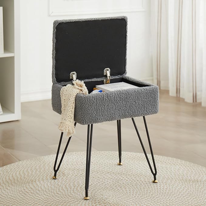 Vanity Stool Chair, Faux Teddy Fur Ottoman Foot Stool by Leesingdo