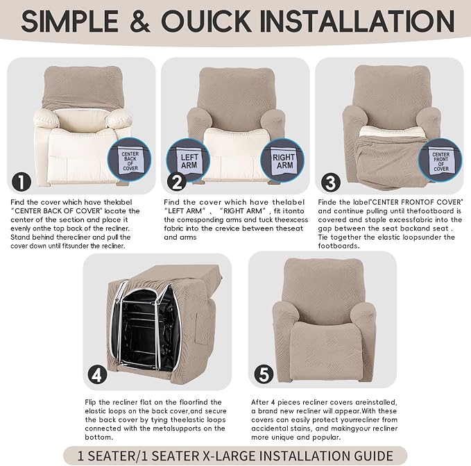 Recliner Chair Covers, 4-Piece Stretch Geometric Strokes Jacquard Reclining - Image 8