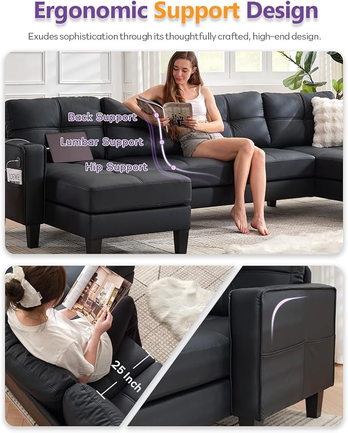 TYBOATLE 116’’ W Black Faux Leather Sectional Couch w/USB and Cup Holders - Image 7
