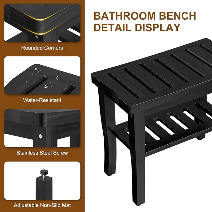 Bamboo Black Shower Bench Stool Shower Chair Seat Adult Women Her Sister Aunt - Image 4