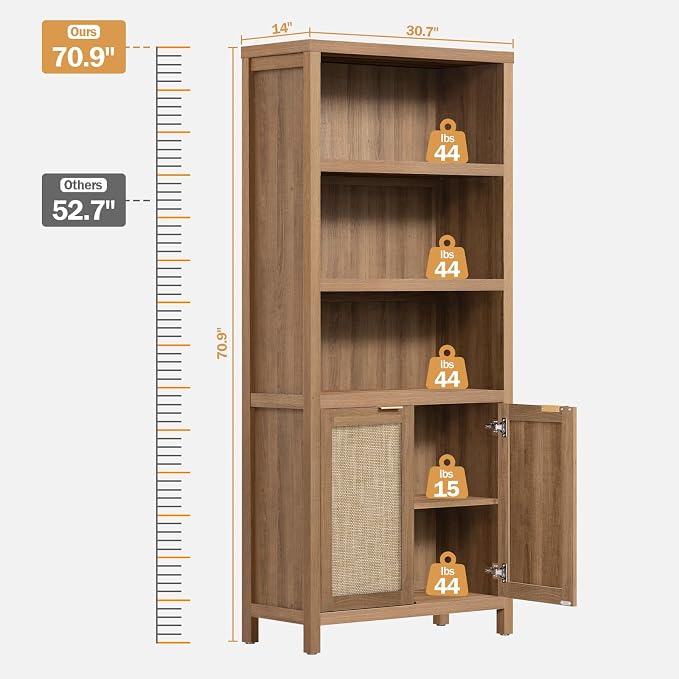 SICOTAS Bookcase 71" Tall Bookshelf 5 Tier Rattan Boho Bookcase - Image 6