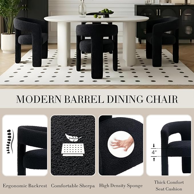 Black Dining Chairs Set of 4, Upholstered Sherpa Barrel Chairs - Image 4