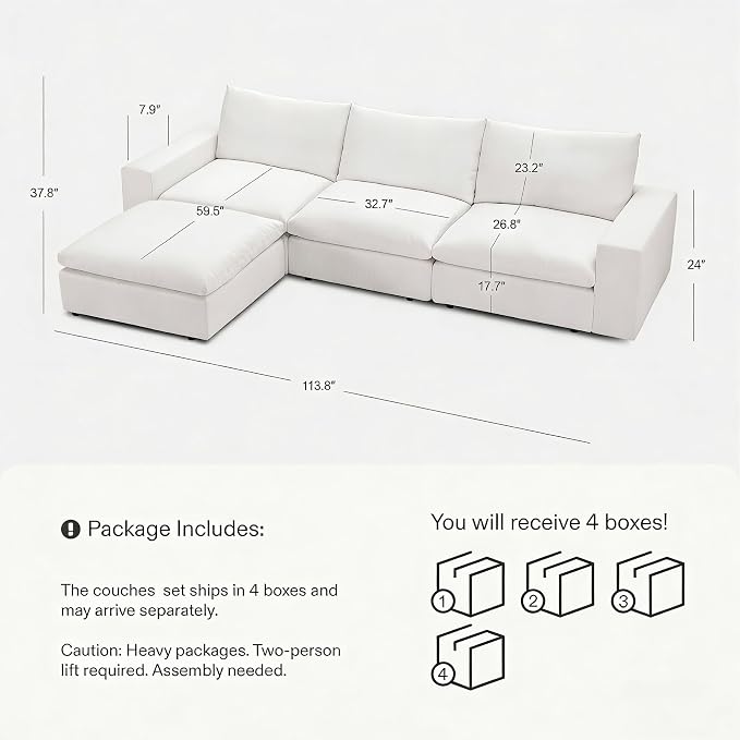 Cloud Couch Sectional 113.2'' Oversized Modular Deep Seat Sofa L Shaped Comfy - Image 2