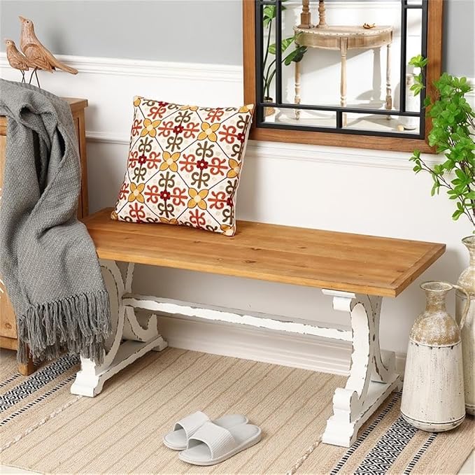 LuxenHome 45" Farmhouse Entry Table, Rustic Bench, Distressed White Coffee Table - Image 2