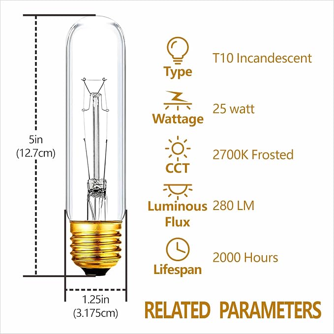 25 Watt T10 Clear Tubular Incandescent Light Bulb, T10 Bulb, Vintage Style - Image 3