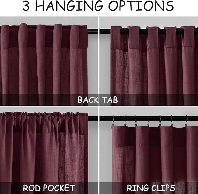 Nanspring Burgundy Linen Curtains 132 Inch Length - Image 2