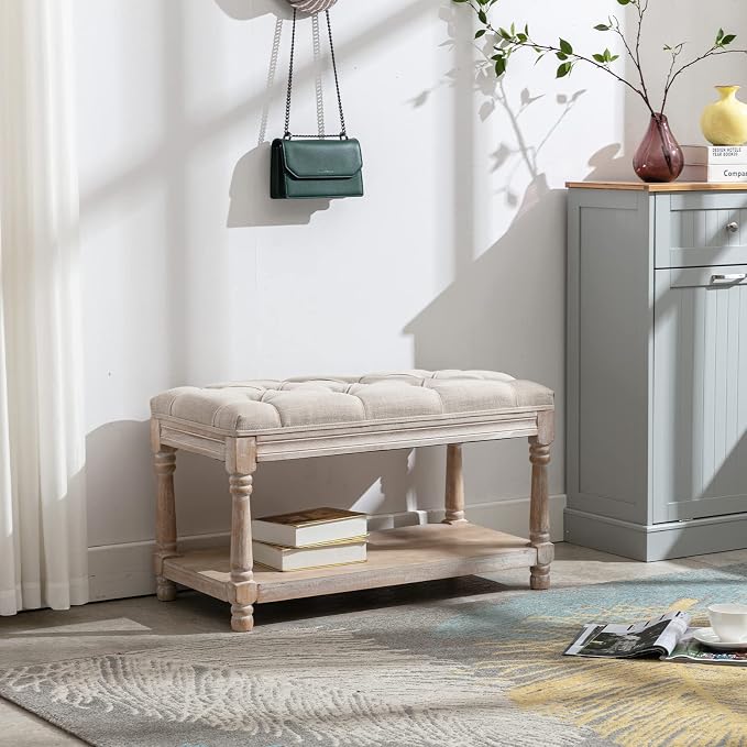 Farmhouse Storage Bench Wooden Entryway Linen Upholstered Ottoman Button Tufted - Image 6