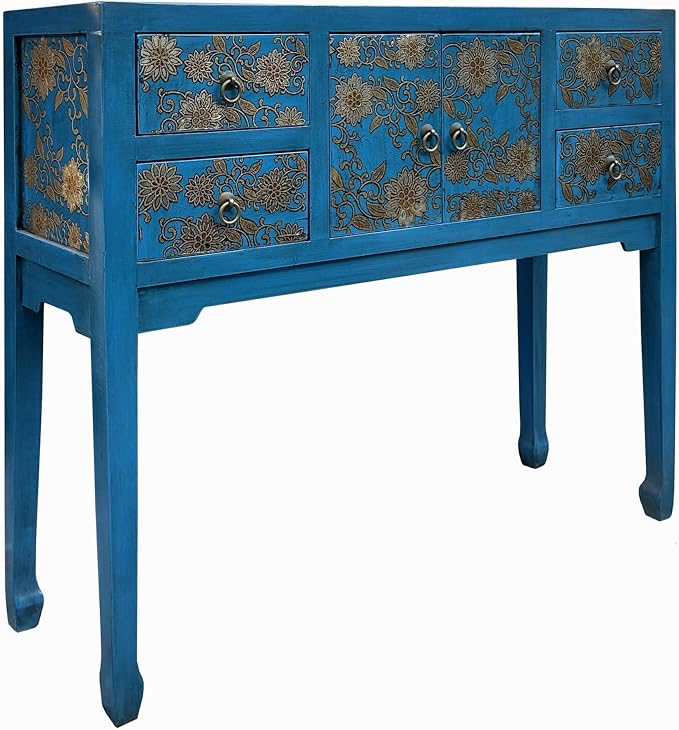 Blue Lacquer Golden Flower Graphic Drawers Slim Foyer Side Table Acs7732 - Image 3