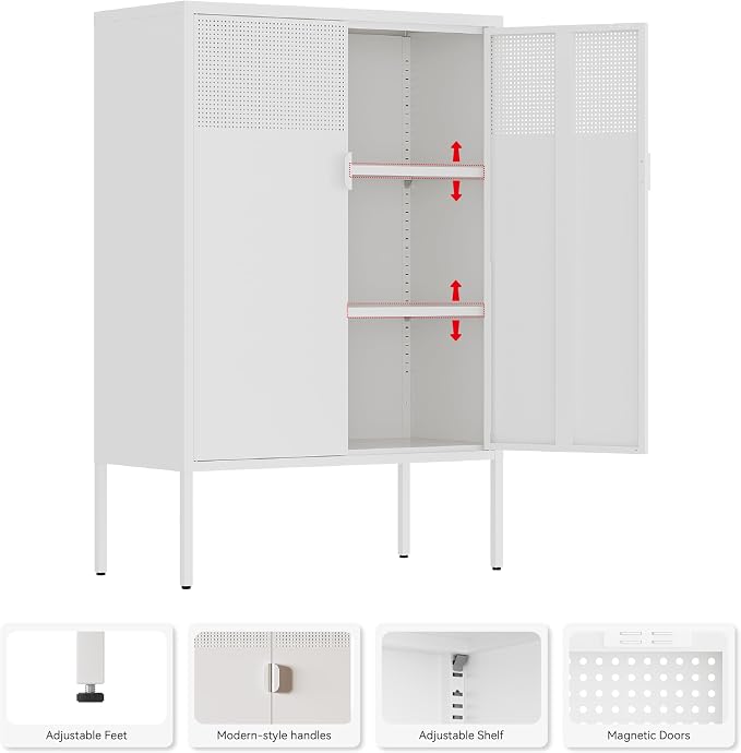 Metal Storage Cabinet, 2 Door TV Stand, Metal Mesh Accent Cabinet, Magnetic - Image 4