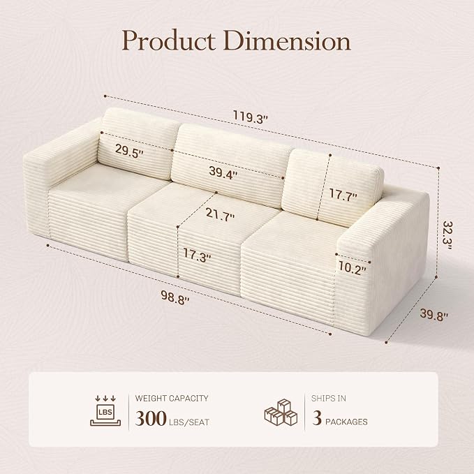 Vesgantti 119" Modular Sectional Sofa, Corduroy Cloud Couch - Image 2