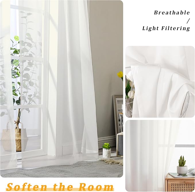 Gwine Ivory Sheer Curtains 120 Inches Long 2 Panels Set, Extra Long Sheer Ivory - Image 3