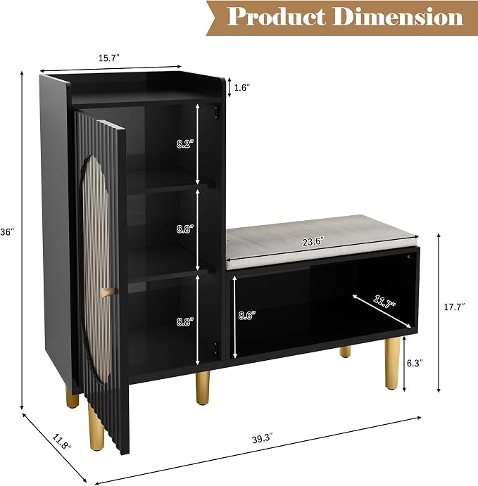 HLR Storage Bench with Glass Door&Shelf, Modern Entryway Shoe Cabinet Bench - Image 2