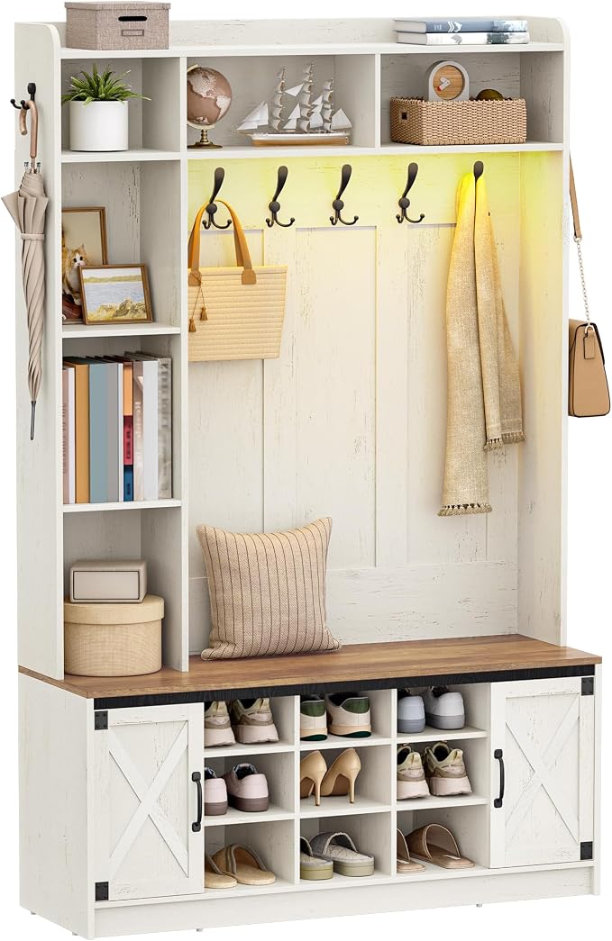 Hzuaneri 47.2" Hall Tree, LED Farmhouse Entryway Storage and Coat Rack Wood by Hzuaneri
