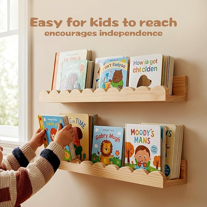 Nursery Floating Shelves for Kids Room, 4 Pack 15.7 Inch Natural Wood Wall - Image 3