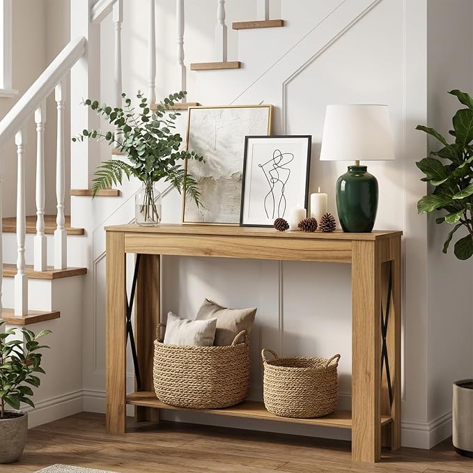 YATINEY Farmhouse Console Table, 39.4'' Small Narrow Entryway Table, Wood Couch - Image 8