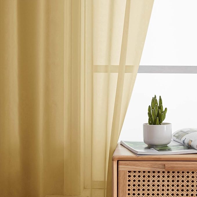 Sheer Gold Curtains for Bedroom Living Room 63 Inch Length 2 Panels, Airy Soft - Image 3