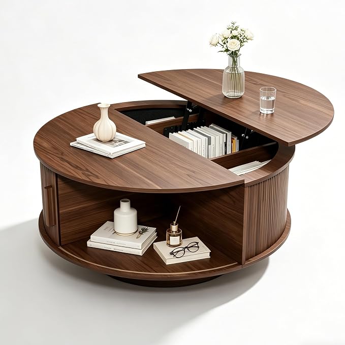 Round Lift Top Coffee Table, Mid Century Modern Fluted Circle Coffee Table - Image 8