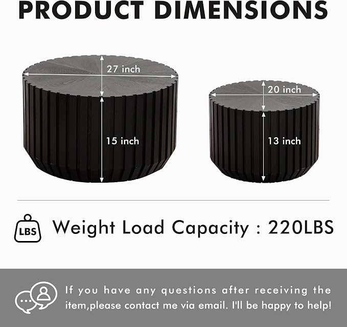 Black Round Nesting Tables for Living Room, Nesting Coffee Table Wooden Fluted - Image 2