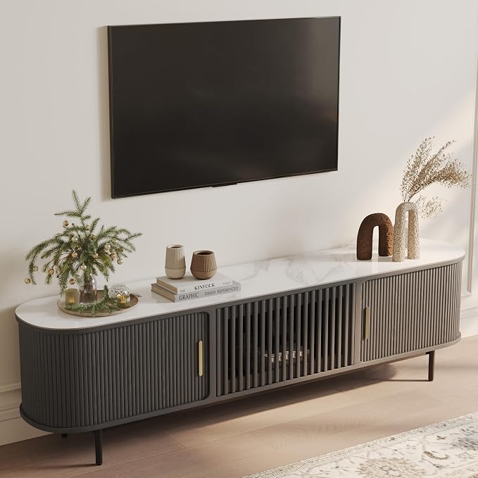 POVISON Fully-Assembled Sliding Tambour Door TV Stand, Mid Century Modern by POVISON