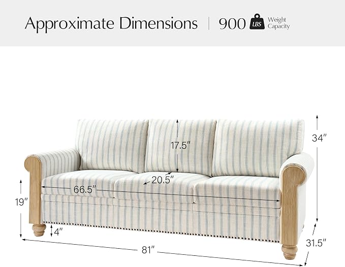 EcoHarbor Living 3-Seater Couch, Stripe 81" Mid-Century Modern Upholstered Sofa - Image 2