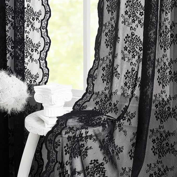 YJ YANJUN Vintage Lace Curtains 84 Inches Long-Victorian Floral Pattern Black by YJYANJUN