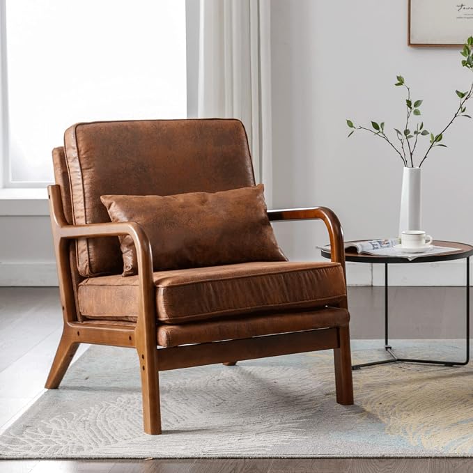 Mid Century Modern Brown Accent Chair Living Room- Comfy Solid Wood Arm Chair by Deolme
