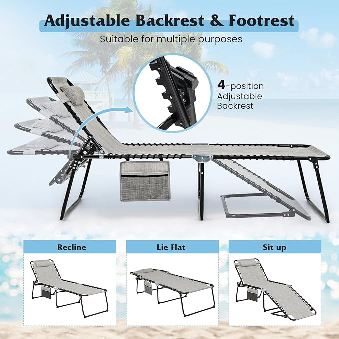 GYMAX Lounge Chair for Outside, 440lbs 27” Oversize Folding Beach Tanning - Image 4