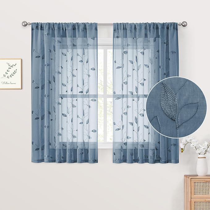 HOMEIDEAS Stone Blue Sheer Kitchen Curtains 52 x 54 Inch Length 2 Panels by HOMEIDEAS