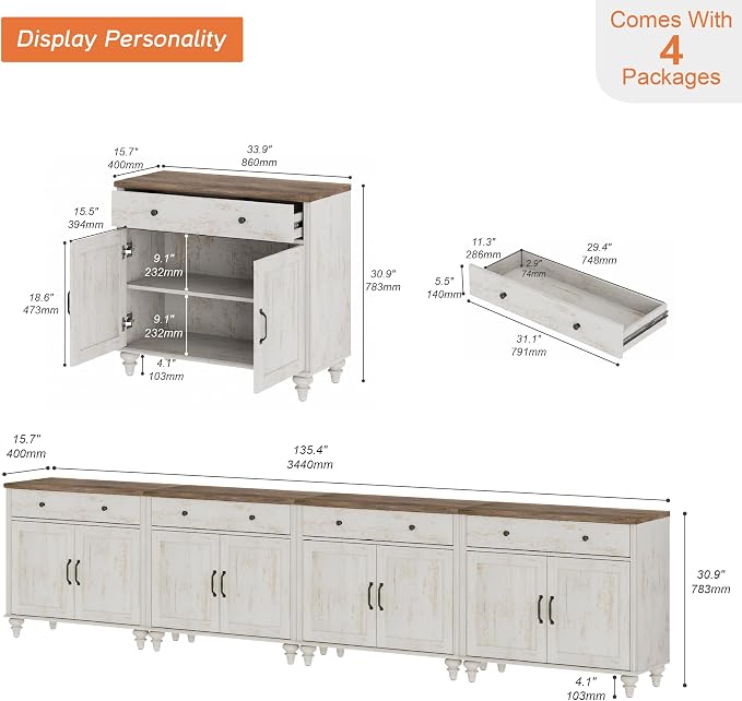 WAMPAT Buffet Cabinet with 8 Doors and 4 Drawers, Modern Coffee Bar Table Wood - Image 2