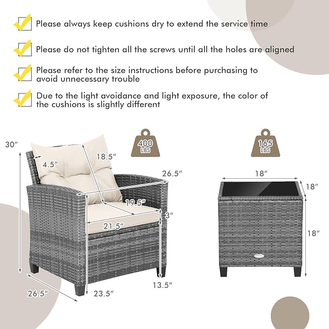 Tangkula 3 Pieces Patio Furniture Set, PE Rattan Wicker 3 Pcs Outdoor Sofa Set - Image 5
