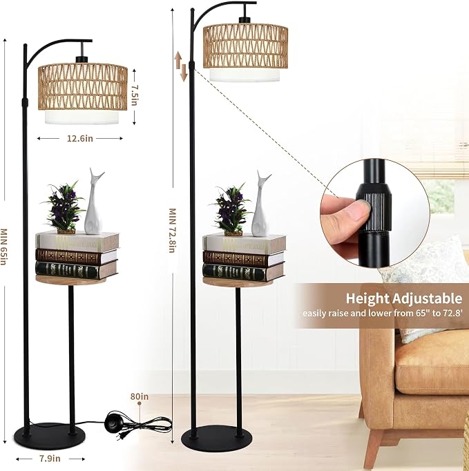 ZECOXOL Arc Floor Lamp with Table and Shelves, Rattan Boho Floor Lamp with - Image 6