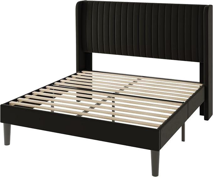 Allewie Queen Size Velvet Bed Frame/Vertical Channel Tufted Wingback - Image 9