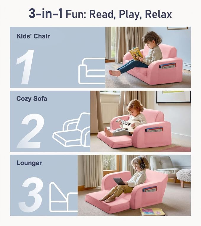 3-in-1 Extra Wide Convertible Kids Couch, Flip Open Toddler Couch to Lounger - Image 3