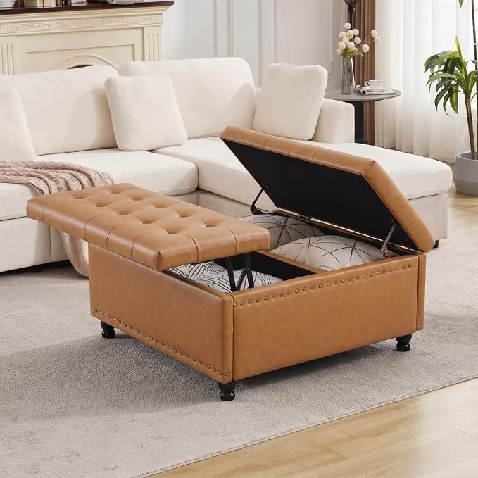 Tbfit Large Square Storage Ottoman Bench, Tufted Upholstered Coffee Table - Image 7