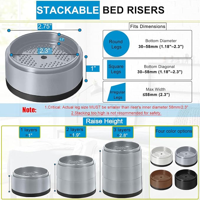 Bed Risers 1 inch, 2 inch, 3 inch, 4 inch Heavy Duty, Adjustable Furniture Riser - Image 2