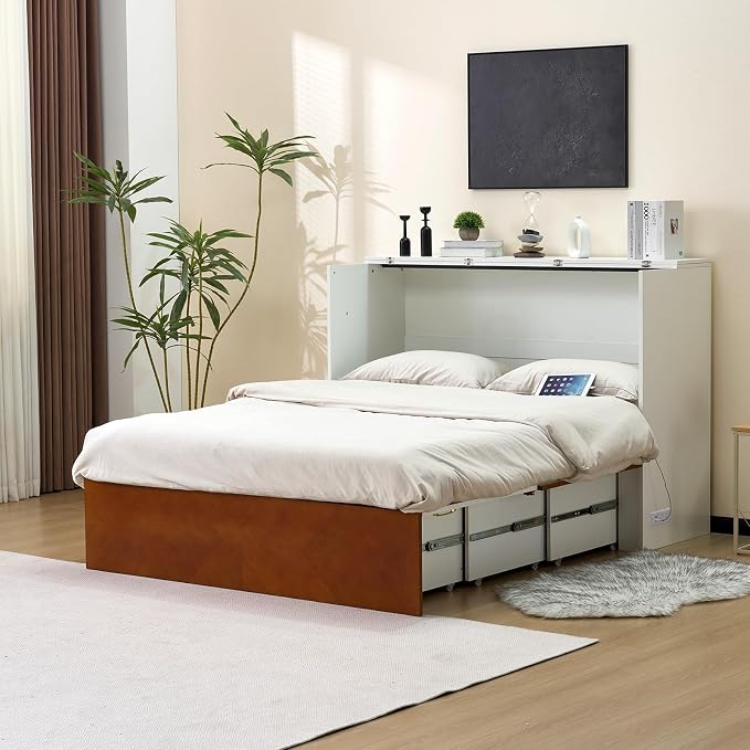 VINGLI Full Murphy Bed with Storage Drawer, 2 Charging Station, Rustic & - Image 9