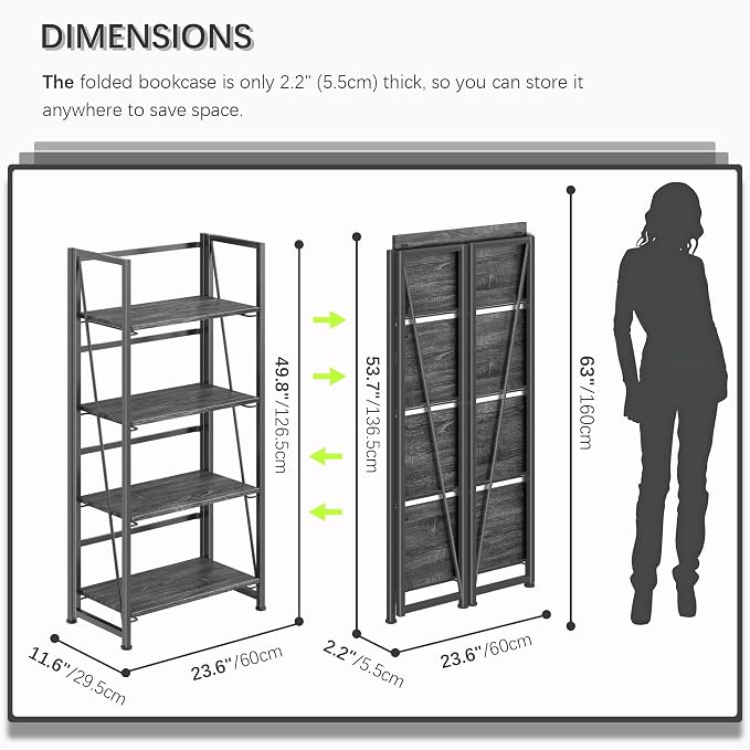 4NM No Assembly Folding Bookshelf Storage Shelves 4 Tiers Vintage Bookcase - Image 2