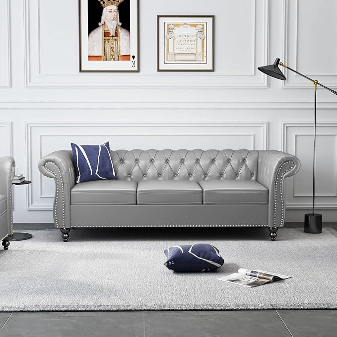 AVZEAR Chesterfield Leather Sofa 3 Seater Couch, Mid-Century Large Sofa Roll - Image 5