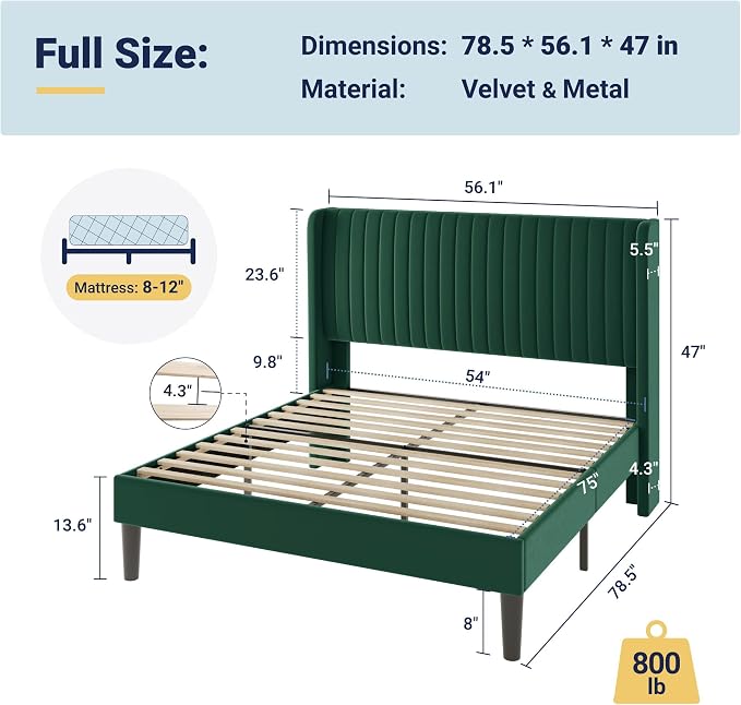 Allewie Full Size Bed Frame/Velvet Upholstered Platform Bed/Vertical Channel - Image 2