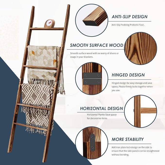 6-Tier Blanket Ladder Wooden, 5.7FT Blanket Quilt Towel Holder Rack Decorative - Image 4