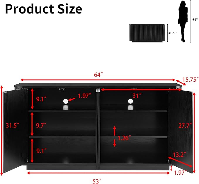 LKTART 64" Buffet Cabinet with Storage, Modern Fluted Accent Sideboard Media - Image 2