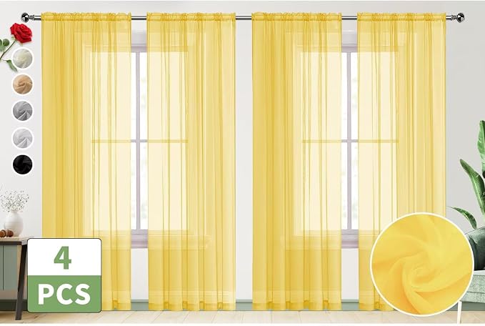 SpaceDresser Yellow Sheer Curtains 4 Panels Rod Pocket Semi-Sheer Curtain 90 - Image 2
