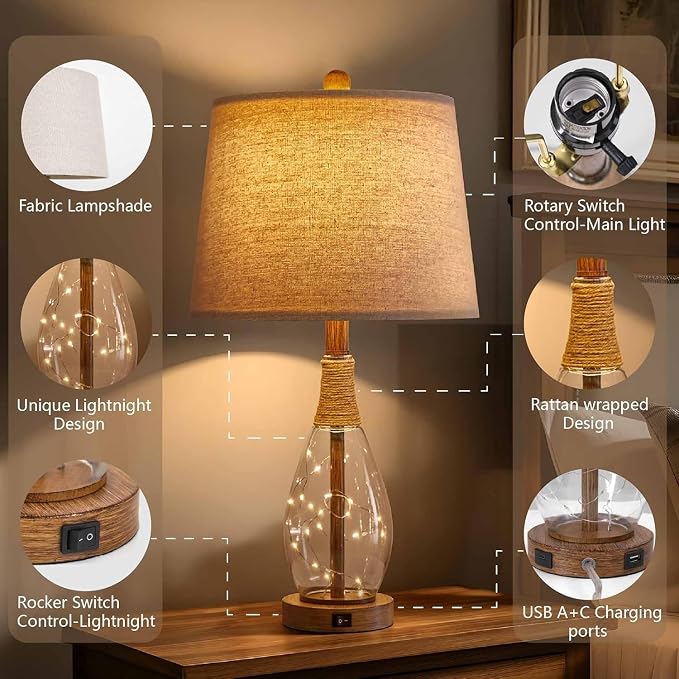 OYEARS 23" USB A+C Table Lamps for Bedroom Living Room Modern Bedside Lamps - Image 3