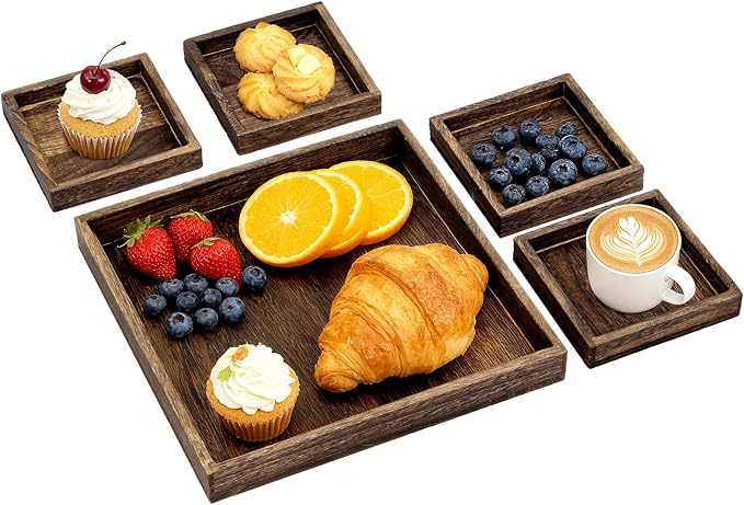 5-Piece Rustic Wooden Serving Tray Set, Handcrafted Nesting Trays by AzulHome
