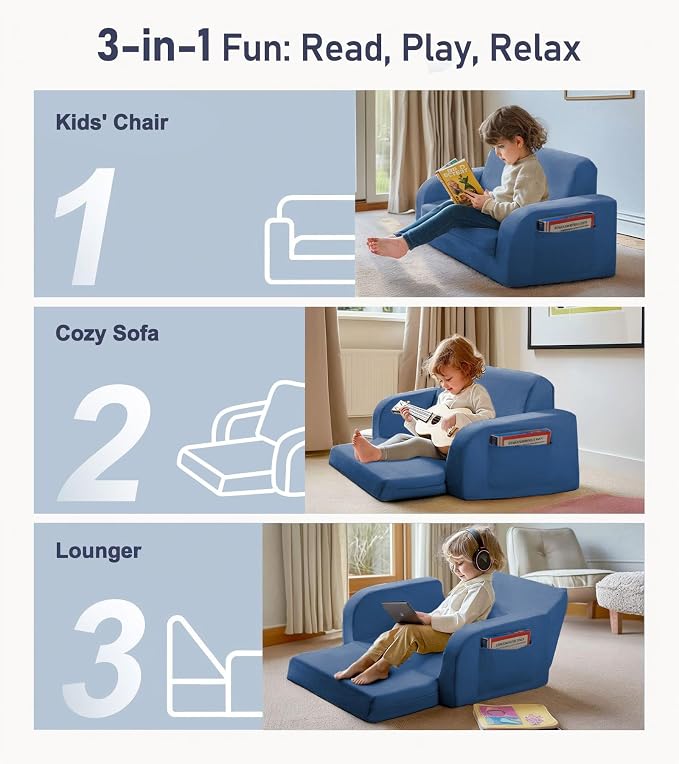3-in-1 Extra Wide Convertible Kids Couch, Flip Open Toddler Couch to Lounger - Image 3