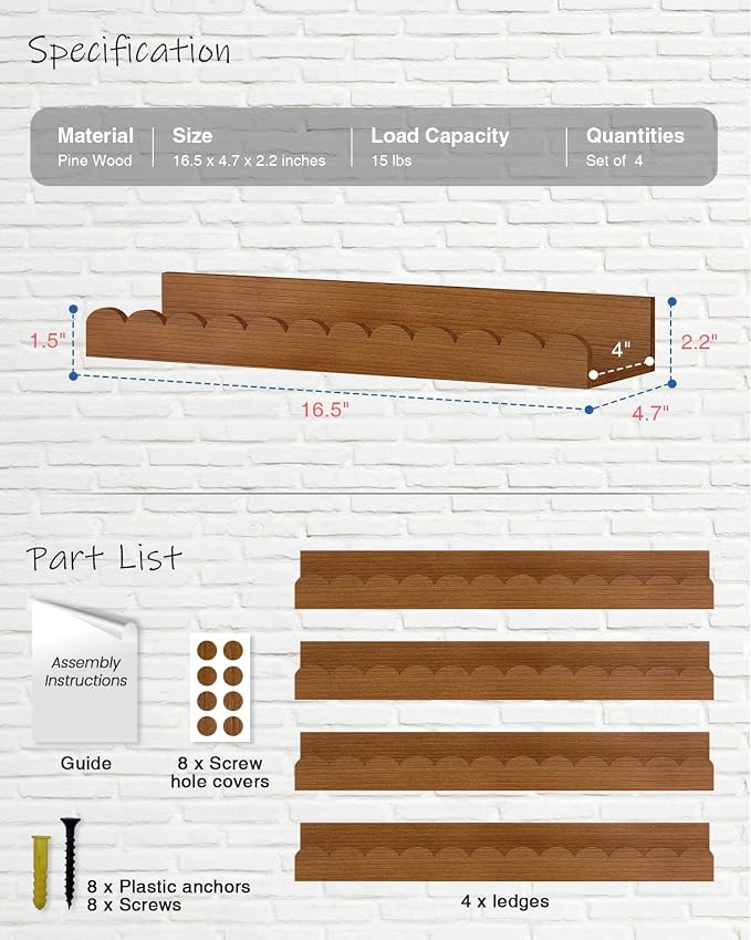 Harwaya Walnut Nursery Book Shelves Wall Set of 4, Dark Wood Scalloped Floating - Image 2