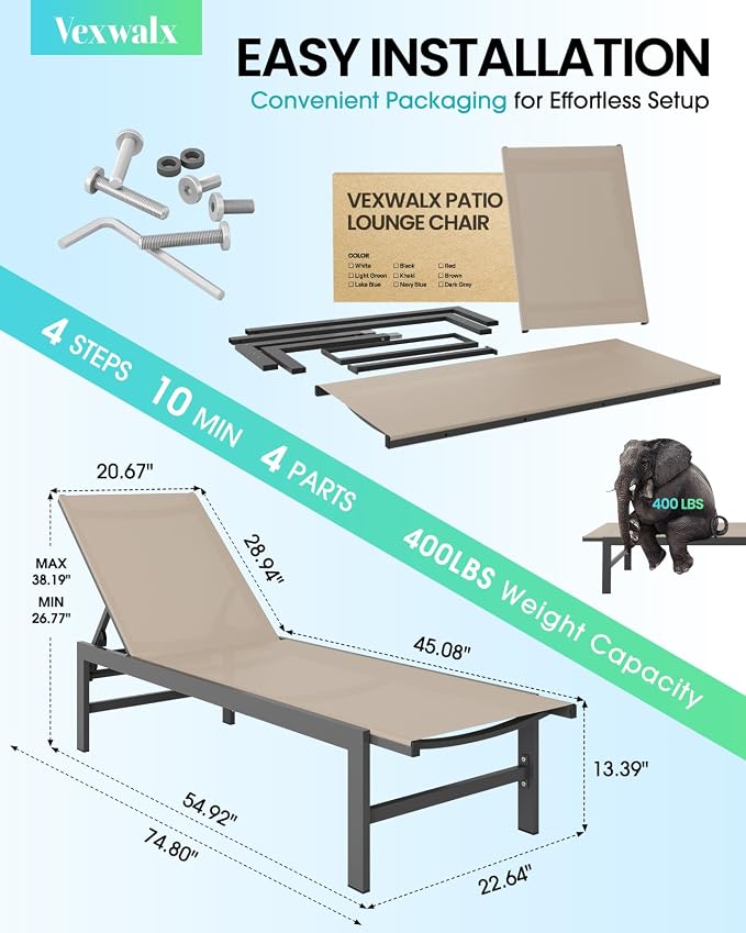 Vexwalx Outdoor Lounge Chair for Pool, Aluminum Chaise Lounge Chairs - Image 3