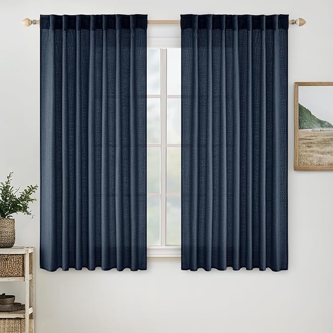 MIULEE Navy Blue Short Linen Curtains 45 Inch Length 2 Panels by MIULEE